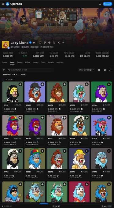 A screenshot of the OpenSea website showing the 'Lazy Lions' NFT collection with various cartoon lion avatars listed with ETH prices.