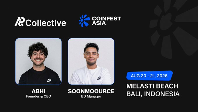 A R/Collective x Coinfest Asia promotional graphic featuring team members "ABHI (Founder & CEO)" and "SOONMOOURCE (BD Manager)" for an event August 20-21, 2026 at Melasti Beach, Bali, Indonesia.