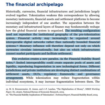 An excerpt from an article titled 'The financial archipelago' discussing how tokenization and digital networks are reshaping global finance, with two highlighted passages about monetary influence and new interoperability paradigms.