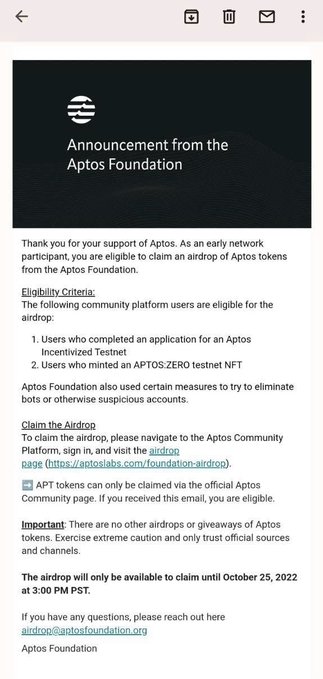 An email screenshot with the Aptos Foundation logo, titled 'Announcement from the Aptos Foundation' regarding an airdrop of Aptos tokens, with a deadline of 'October 25, 2022 at 3:00 PM PST.'