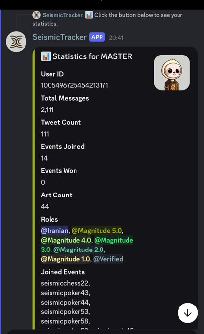 A Discord bot message from SeismicTracker showing statistics for user 'MASTER': 2,111 total messages, 111 tweets, 44 art count, with roles like @Magnitude 5.0 and @Verified.