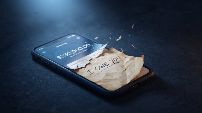 A conceptual image of a smartphone displaying a $250,000,000.00 savings balance, with a crumpled paper note reading 'I OWE YOU' bursting through the screen against a dark background.