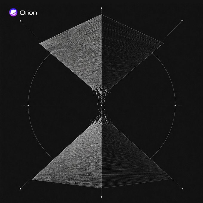 An abstract black and white geometric design featuring two pyramids meeting at the center within a circle, labeled with the 'Orion' logo in the top left corner.