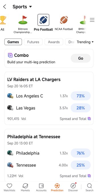 Screenshot of a sports betting app showing NFL matchups including 'LV Raiders at LA Chargers' and 'Philadelphia at Tennessee' with odds and betting volumes.
