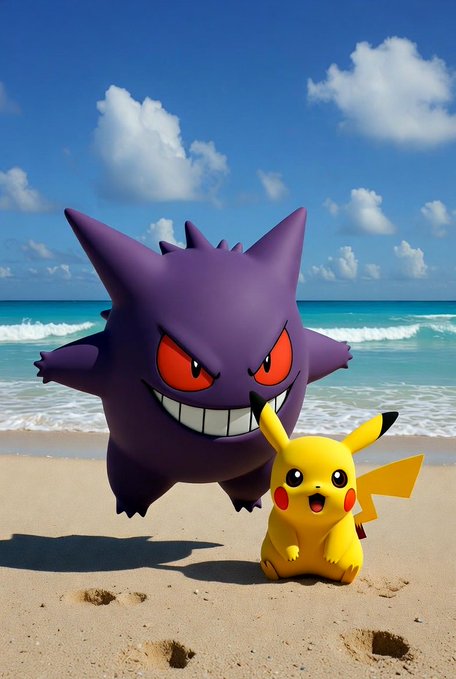 Two Pokémon characters, Gengar and Pikachu, stand together on a sandy beach with turquoise ocean waters and a bright blue cloudy sky in the background, capturing a cheerful Sunday vibe.