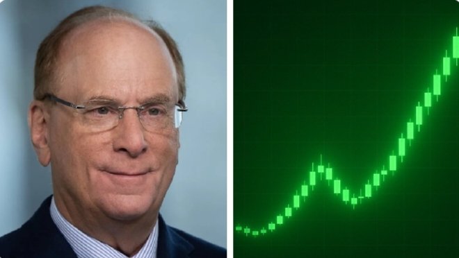 A professional headshot of an older man wearing glasses and a suit appears beside a green financial chart showing an upward-trending candlestick pattern, visually reinforcing the post's message about BlackRock's Bitcoin ETF inflows and the strengthening bullish case for BTC.