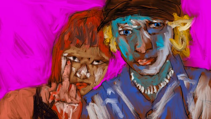 A vibrant digital painting of two figures—one with red hair holding a finger to their lips, and another with blonde hair and a brown cap—both set against a bright magenta background with expressive brushstrokes.