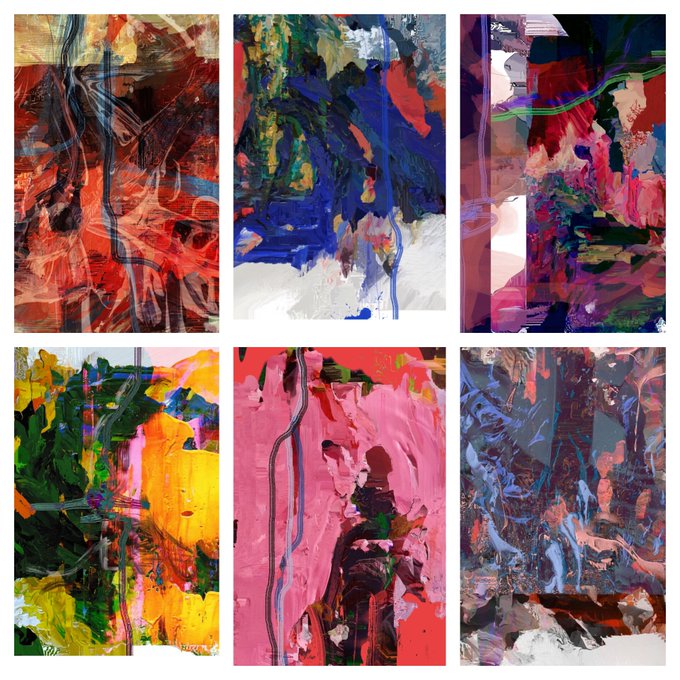 Six abstract paintings arranged in a 2x3 grid display bold, expressive brushstrokes in vibrant colors including reds, blues, pinks, yellows, and greens with thick, textured paint application.