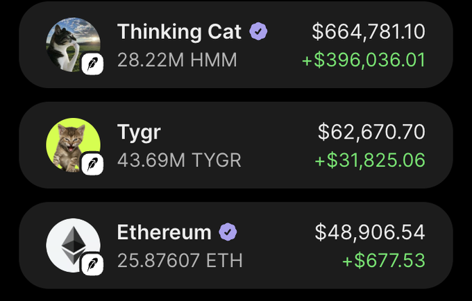 A crypto portfolio tracker screenshot displays three holdings: Thinking Cat (28.22M HMM) valued at $664,781.10 (+$396,036.01), Tygr (43.69M TYGR) at $62,670.70 (+$31,825.06), and Ethereum (25.87607 ETH) at $48,906.54 (+$677.53). The image illustrates the post's claim about easy profits, showcasing massive gains—particularly the nearly $400K profit from $HMM—visually supporting the boast that making money in this market cycle is effortless.