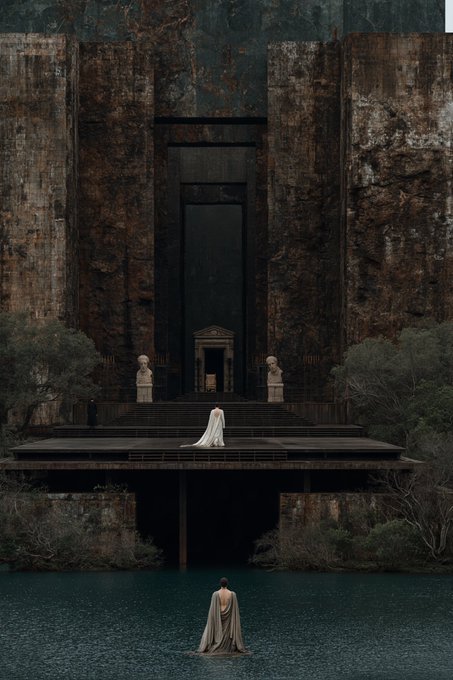 A moody, dark architectural scene shows a woman in a long white dress standing on a platform in front of a massive stone doorway, while a figure in a grey cloak stands on a sphere in the dark water below.