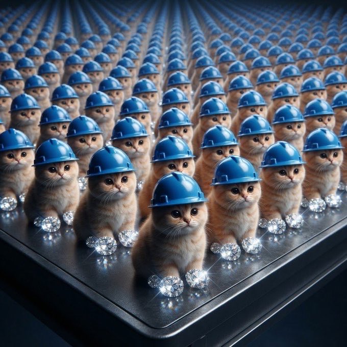 An army of golden kittens wearing blue construction helmets, sitting in perfect rows beside sparkling diamonds on a metallic surface.