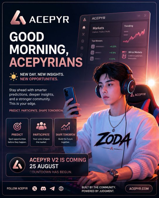 A promotional graphic for ACEPYR with the text 'GOOD MORNING, ACEPYRIANS' and 'ACEPYR V2 IS COMING 25 AUGUST', featuring an avatar of a person wearing a ZODA shirt and ACEPYR headphones.