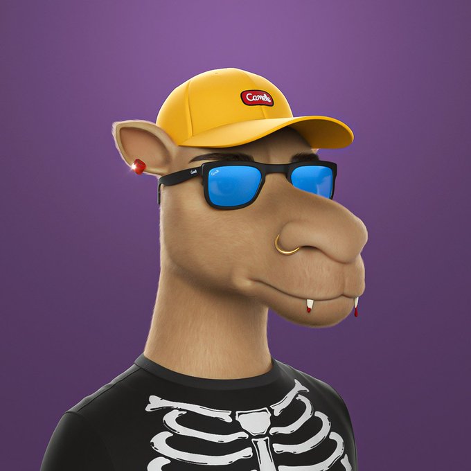A 3D-rendered cartoon camel character wearing a yellow cap with a 'Comfi' logo, blue sunglasses, a nose ring, and a black skeleton shirt against a purple background.
