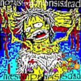 A grotesque, crayon-style drawing depicts a screaming, yellow, wild-haired figure (resembling a distorted Homer Simpson) against a chaotic red and blue background, with the text "GODS OF GENOCIDE" at the top and "LIVES 1000 SPARED" at the bottom—visually echoing the post's violent "1000 Homer Simpsons" threat tied to a $BITCOIN target.
