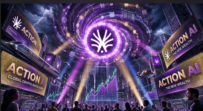 A futuristic cyberpunk cityscape featuring a glowing purple portal with a stylized 'A' logo, surrounded by billboards reading 'ACTION AI - THE NEW WEALTH' and 'ACTION AI - GLOBAL CRYPTO REVOLUTION.'