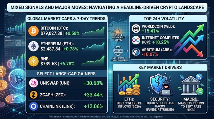 An infographic titled 'MIXED SIGNALS AND MAJOR MOVES: NAVIGATING A HEADLINE-DRIVEN CRYPTO LANDSCAPE' displays global market caps and 7-day trends for coins like Bitcoin (BTC) at $79,027.38 and Ethereum (ETH), alongside top 24-hour volatility coins including Worldcoin (WLD), Internet Computer (ICP), and Arbitrum (ARB).