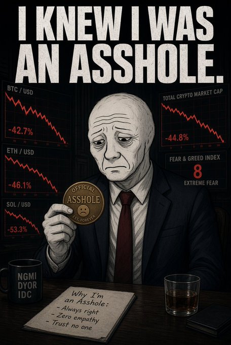 A satirical illustration features a sad, balding man holding an 'OFFICIAL ASSHOLE' coin, with stock charts showing severe drops like 'BTC/USD -42.7%' and the text 'I KNEW I WAS AN ASSHOLE.'