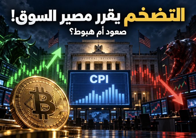 An Arabic financial graphic showing a Bitcoin coin, Federal Reserve building, CPI chart, bull and bear statues, and stock market graphs with text translating to a warning about a US Fed decision and market crash.