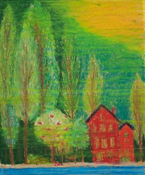 A colorful, textured painting depicting a red house beside pink lotus-like flowers with tall, slender trees, set against a vibrant green and yellow sky over a blue base.