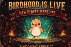 A promotional graphic reading "BIRDHOOD IS LIVE - NEW PLAYABLE SPECIES" featuring an animated baby chick character and the text "PLAY ON WOLFSPAR.CC".