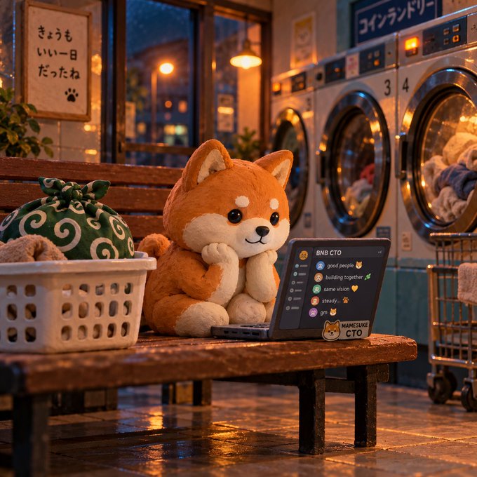An orange Shiba Inu plush toy sits on a wooden bench in a laundromat, looking at a laptop displaying a chat room labeled 'BNB CTO' with a 'HAMESUKE CTO' sticker.