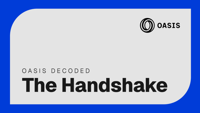 A title card reading "OASIS DECODED: The Handshake" with the OASIS logo, set against a blue background with a white card.