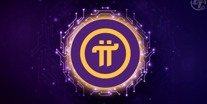 A digital graphic featuring the Pi Network cryptocurrency logo (π symbol) in gold and purple, surrounded by glowing technological circuitry patterns on a dark background.