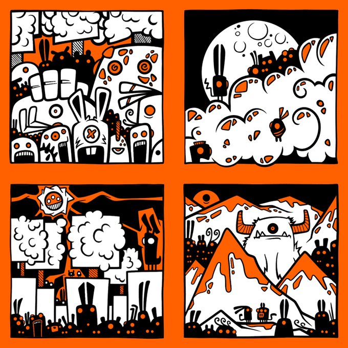 A four-panel illustration in a limited black, white, and orange color palette depicting quirky, cartoonish scenes including rabbit-like creatures, an evil sun, and a one-eyed monster amidst clouds and trees.
