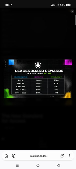 A mobile screenshot from nucleus.codes displaying a 'LEADERBOARD REWARDS' table with reward type 'SAURA', showing tiers from 1 to 10 (2500 SAURA) down to 2501 to 5000 (100 SAURA), with a phone status bar showing 10:07.