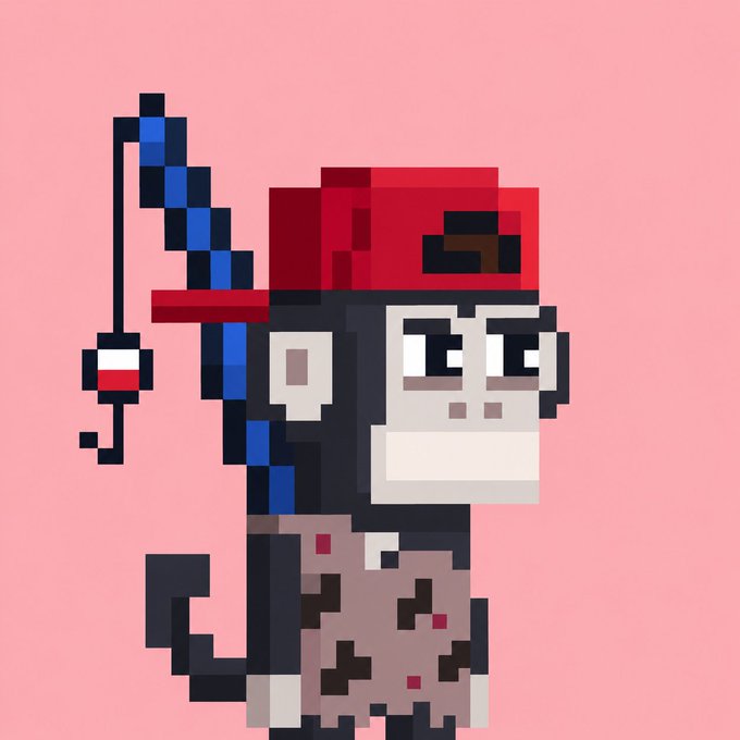 A pixel art illustration of a skeleton-like figure wearing a red cap and a tattered brown cloak, holding a fishing rod with a red and white bobber against a pink background.