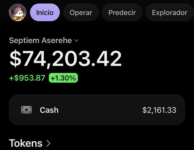 A Robinhood portfolio screenshot showing a "Septiem Aserehe" account with $74,203.42 (+$953.87, +1.30%) and $2,161.33 cash, tied to a post highlighting the user's active trading on Robinhood Chain amid its early, fast-moving protocols.