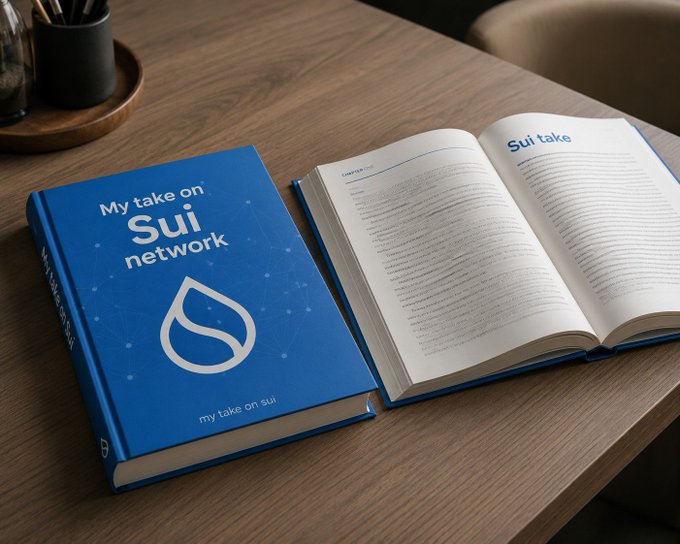 A blue hardcover book titled "My take on Sui network" sits closed on a wooden desk next to an open version of the same book displaying a page headed "Sui take," visually introducing a personal explainer post about today's notable events on the Sui Network.