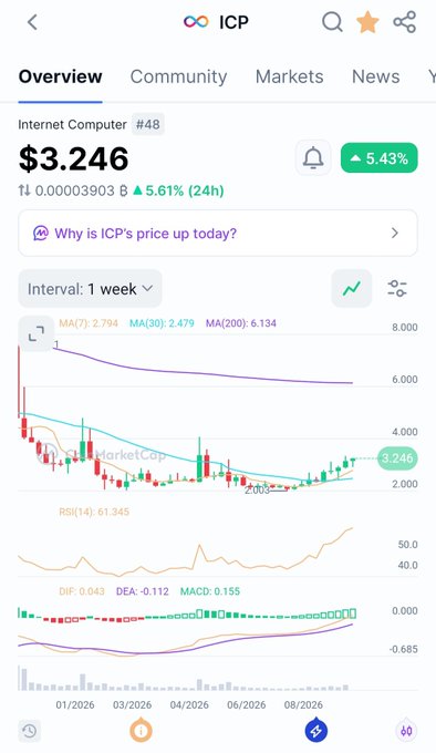A mobile app screenshot showing the price chart for Internet Computer (ICP) at $3.246, up 5.43% in 24 hours, with technical indicators including MA, RSI, and MACD visible.