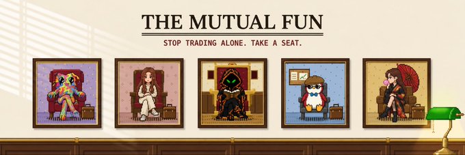 Pixel art banner reading 'THE MUTUAL FUN - STOP TRADING ALONE. TAKE A SEAT.' featuring five framed portraits of NFT characters seated on thrones.