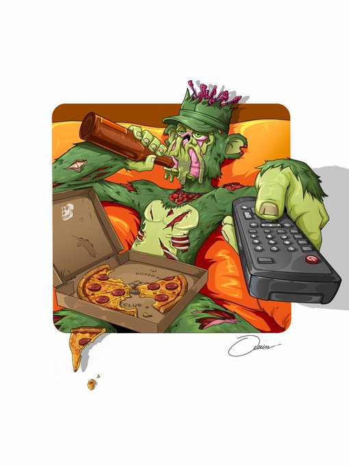 The image features an illustration of a green monster sitting on a couch, holding a remote control in its hand. The monster appears to be eating a pizza from a box that has been opened up next to it. The background of the image shows a white wall with a window and a picture hanging above it.