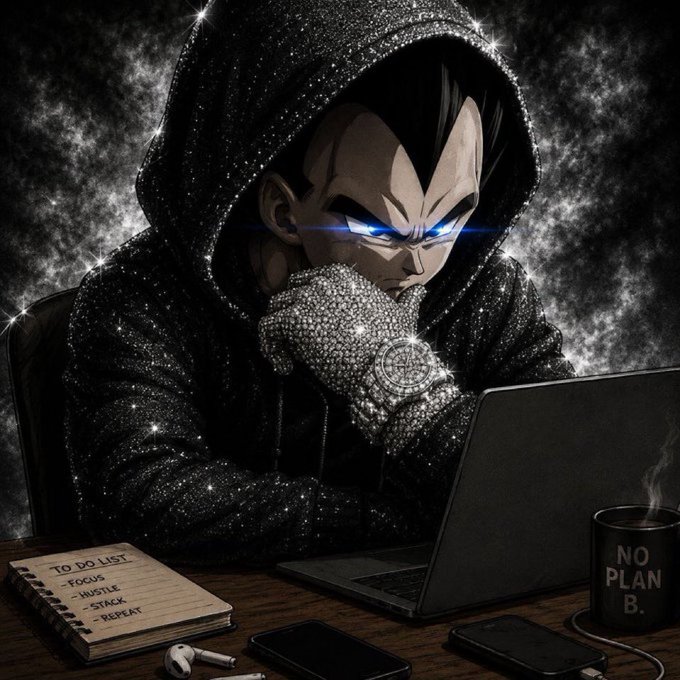 An anime-style digital artwork of a character resembling Vegeta in a sparkling black hoodie, sitting at a desk working on a laptop with blue glowing eyes, accompanied by a 'TO DO LIST' notebook reading 'FOCUS, HUSTLE, STACK, REPEAT' and a 'NO PLAN B' mug.