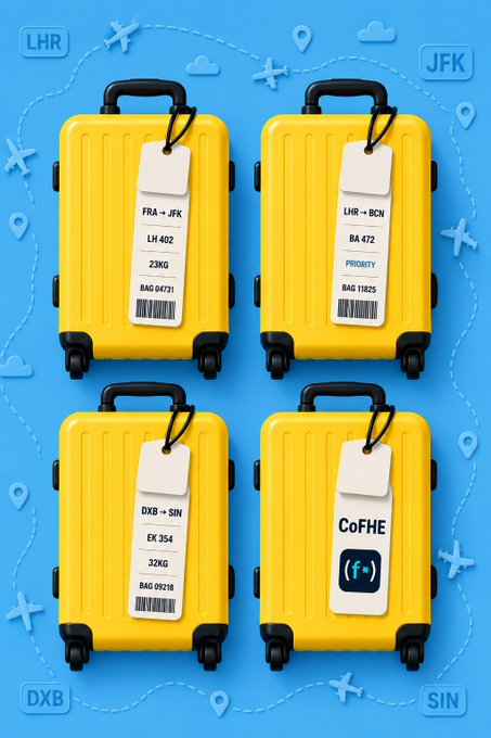 An illustration showing four yellow suitcases with airline baggage tags for routes including FRA-JFK, LHR-BCN, DXB-SIN, and a CoFHE tag, set against a blue background with airplane and location pin icons.