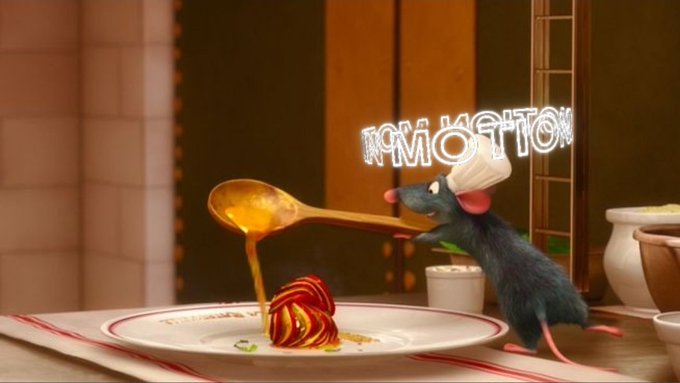 An image from the Pixar film Ratatouille showing the rat chef Remy pouring sauce over a meticulously plated dish, with 'I'M GETTON' added as text above him.