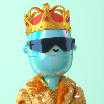 A 3D-rendered character wearing a gold crown with red jewels, futuristic wrap-around sunglasses, and a furry brown coat against a mint green background.