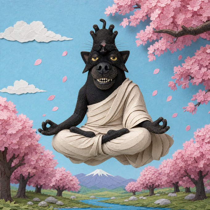 A whimsical digital artwork showing a black, feline-like creature wearing a small crown, meditating in a lotus position dressed in beige robes, surrounded by pink cherry blossom trees with Mount Fuji visible in the background.