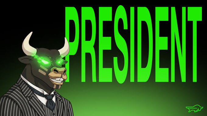 The image shows an anthropomorphic black bull character in a pinstripe suit with glowing green eyes, alongside the bold green text "PRESIDENT" on a dark background. This directly ties to the post, which is recruiting for a "President of The Black Bull" leadership position within a community called "The Black Bull."
