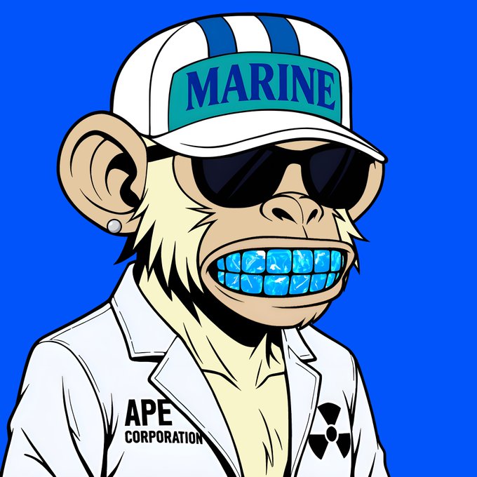A digital illustration of a Bored Ape-style cartoon monkey character with a blue gem-studded mouth, wearing a white and blue 'MARINE' cap, sunglasses, and a white lab coat labeled 'APE CORPORATION' against a solid blue background.