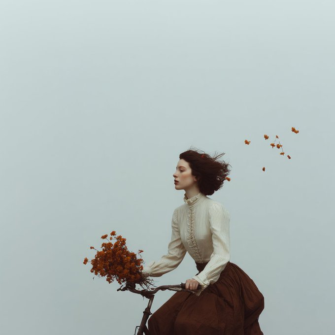 A surreal artistic photo of a woman in a white blouse and brown skirt riding a bicycle, with her hair blowing in the wind and trailing orange flowers, set against a plain light background.