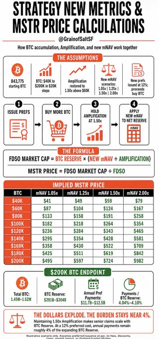 The image is an infographic titled "Strategy New Metrics & MSTR Price Calculations" by @GrainofSaltSF, detailing how Bitcoin accumulation, amplification, and new mNAV work together, starting with 843,775 BTC and assumptions of 1.05×–1.25× mNAV with 12% profit issuance.

It outlines a four-step process (issue preferreds, buy more BTC, hold amplification at 1.5×, apply new mNAV to net reserve) and presents an implied MSTR price table ranging from $40 (at $40K BTC, 1.05× mNAV) to $982 (at $200K BTC, 2.00× mNAV), while emphasizing that $200K BTC would push the annual preferred dividend to ~$11.70–$12.5B but keep payments near 4% of the expanding BTC reserve.