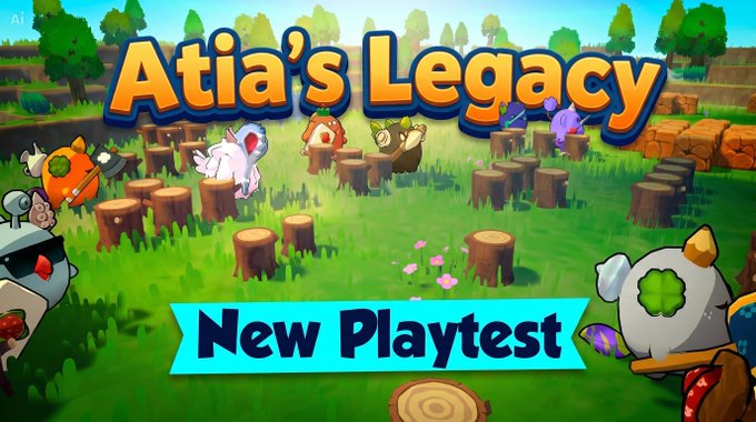 Promotional artwork for a video game titled 'Atia's Legacy' with a 'New Playtest' banner, featuring colorful cartoon creatures in a grassy village setting.
