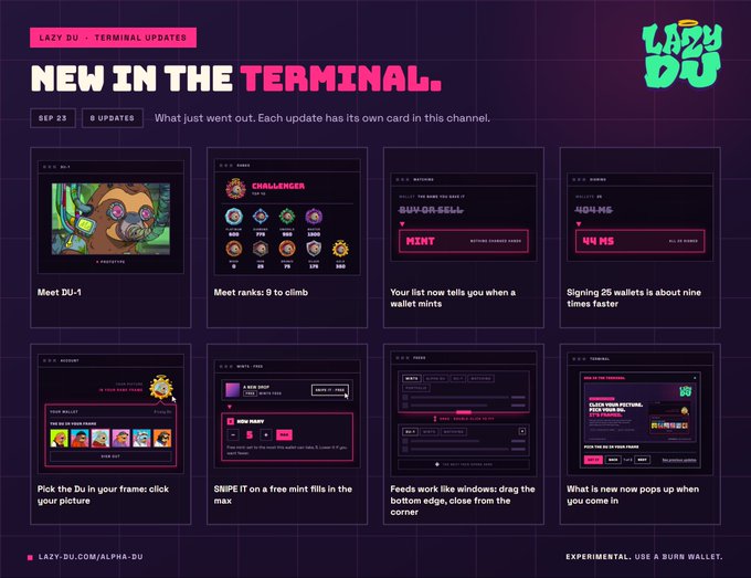 A 'New in the Terminal' update page for Lazy Du with cards like 'Meet DU-1', 'Meet ranks: 9 to climb', and various feature announcements.