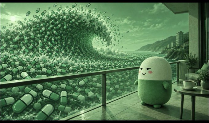 A surreal digital artwork shows a cute green pill-shaped character with a smiling face sitting at a cafe table on a balcony, calmly drinking coffee while a massive tsunami of green pills crashes behind it.
