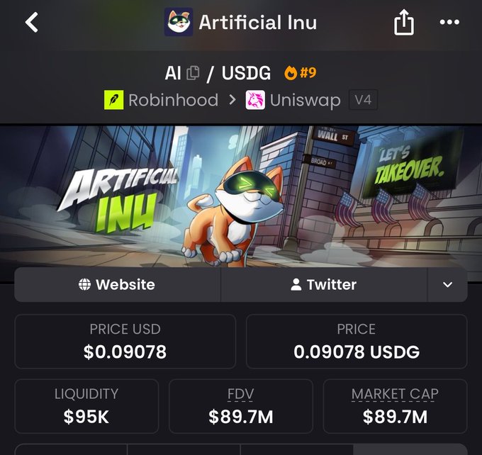 A cryptocurrency trading app screen displaying the 'Artificial Inu' (AI/USDG) token priced at $0.09078 with a market cap of $89.7M, available on Robinhood and Uniswap V4, featuring a cartoon dog mascot.