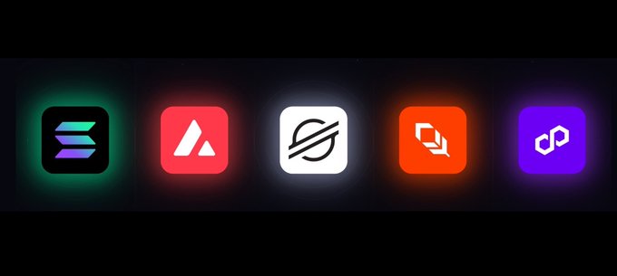 The image features a horizontal line of five different logos, each representing a cryptocurrency or tokenization project. The logos are arranged in a row with varying sizes and colors, creating an eye-catching display against a dark background. The text "Real-world assets are spreading across multiple blockchains as tokenization continues to scale." is written below the line of logos, providing context about the content of the image.