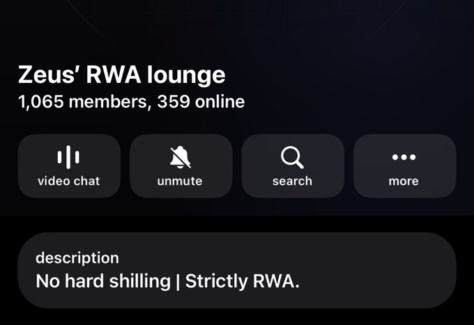 Screenshot of a chat or community interface titled 'Zeus' RWA lounge' with '1,065 members, 359 online' and a description reading 'No hard shilling | Strictly RWA.'